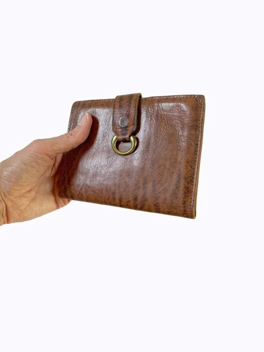 Vtg Noymer English Calfskin Leather Bifold Wallet Brown Brass Snap Coin Pocket